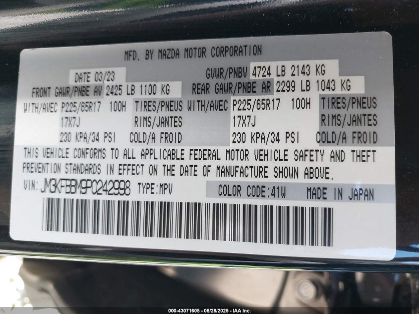 2023 Mazda Cx-5 2.5 S Select VIN: JM3KFBBM9P0242998 Lot: 43071605