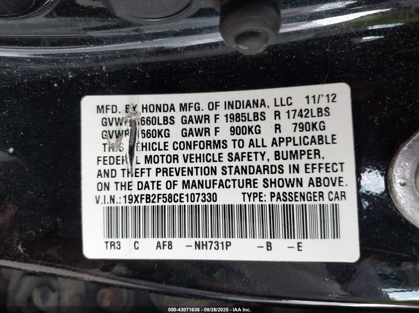 2012 Honda Civic Lx VIN: 19XFB2F58CE107330 Lot: 43071636