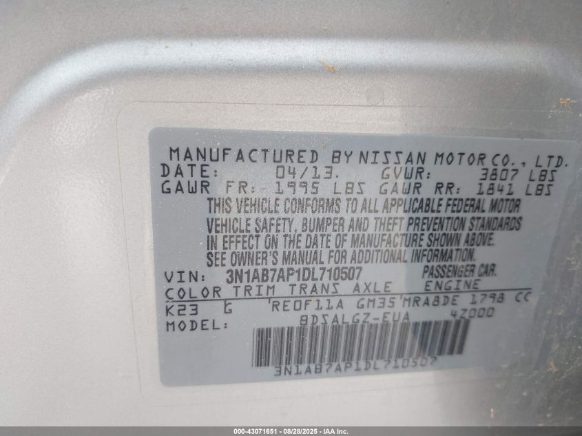 2013 Nissan Sentra Sl VIN: 3N1AB7AP1DL710507 Lot: 43071651