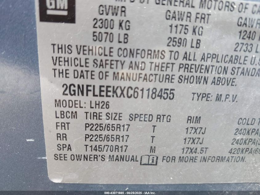 2012 Chevrolet Equinox 1Lt VIN: 2GNFLEEKXC6118455 Lot: 43071665