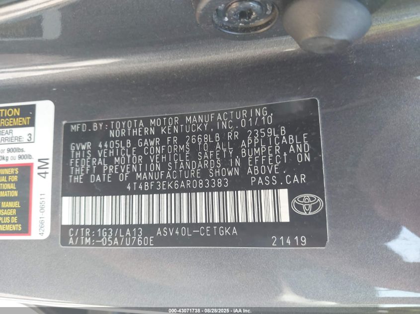 2010 Toyota Camry Xle VIN: 4T4BF3EK6AR083383 Lot: 43071738