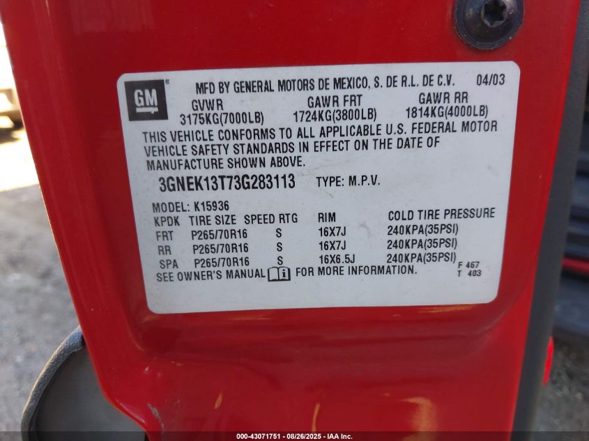 2003 Chevrolet Avalanche 1500 VIN: 3GNEK13T73G283113 Lot: 43071751