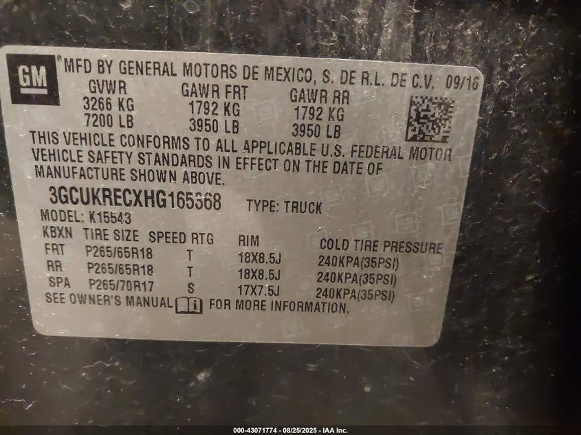 2017 Chevrolet Silverado 1500 2Lt VIN: 3GCUKRECXHG165368 Lot: 43071774