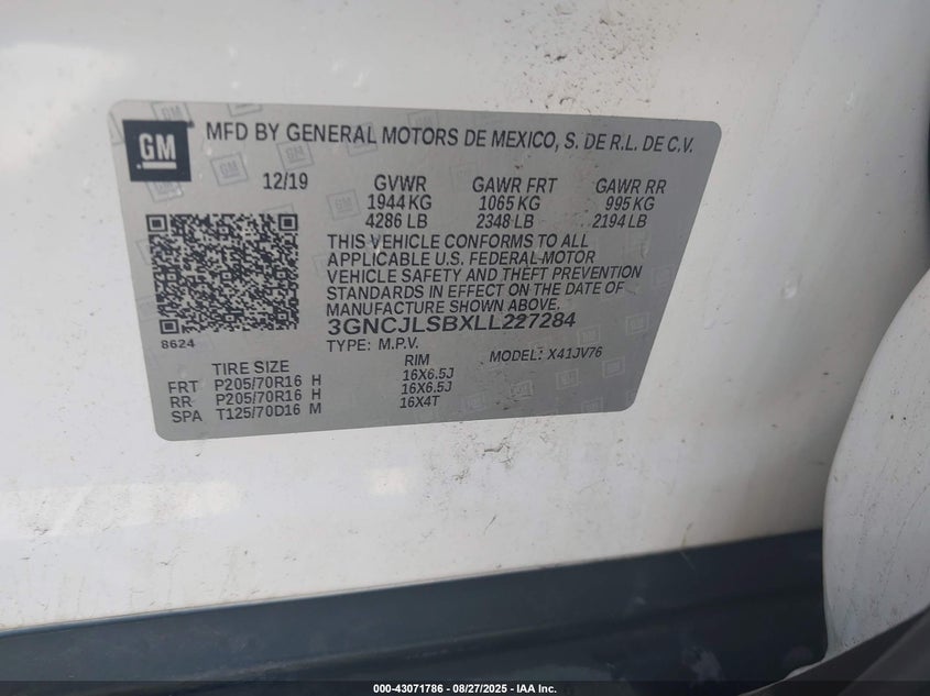 2020 CHEVROLET TRAX FWD LT - 3GNCJLSBXLL227284