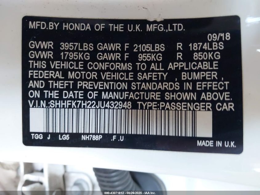 2018 Honda Civic Lx VIN: SHHFK7H22JU432948 Lot: 43071812