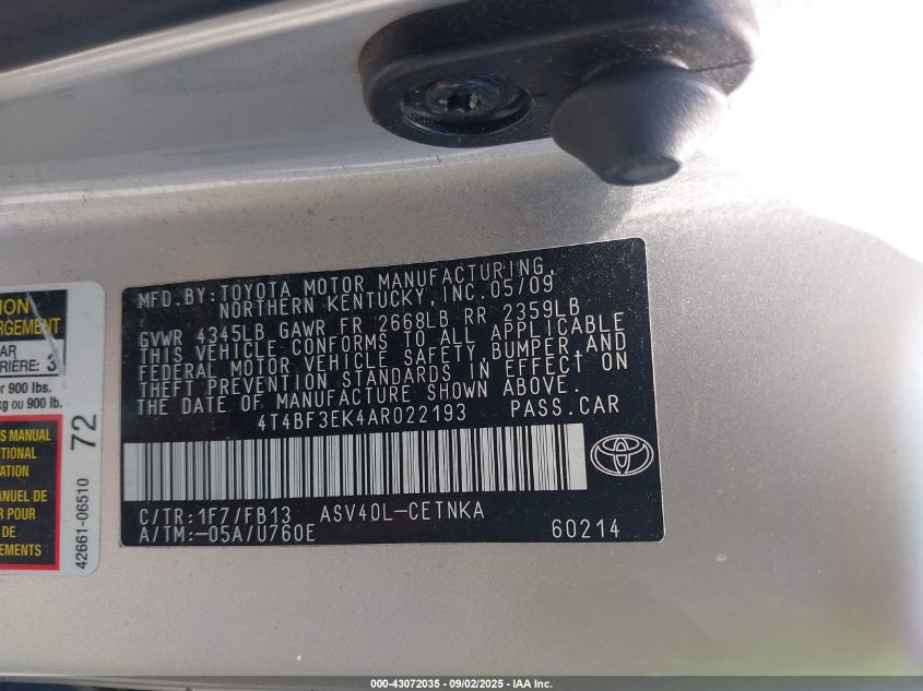 2010 Toyota Camry Le VIN: 4T4BF3EK4AR022193 Lot: 43072035