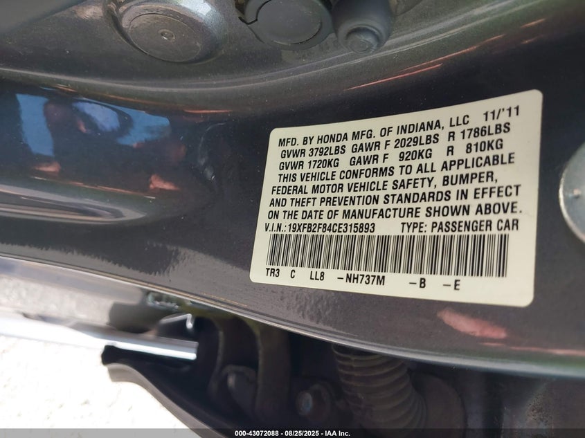 2012 Honda Civic Ex VIN: 19XFB2F84CE315893 Lot: 43072088