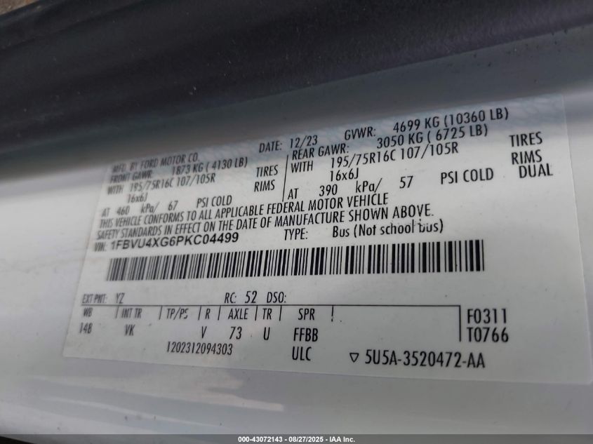 2023 Ford Transit-350 Passenger Van Xl VIN: 1FBVU4XG6PKC04499 Lot: 43072143
