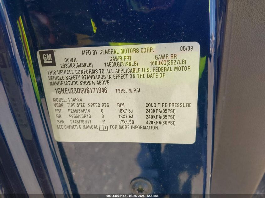 2009 Chevrolet Traverse Lt VIN: 1GNEV23D69S171846 Lot: 43072147