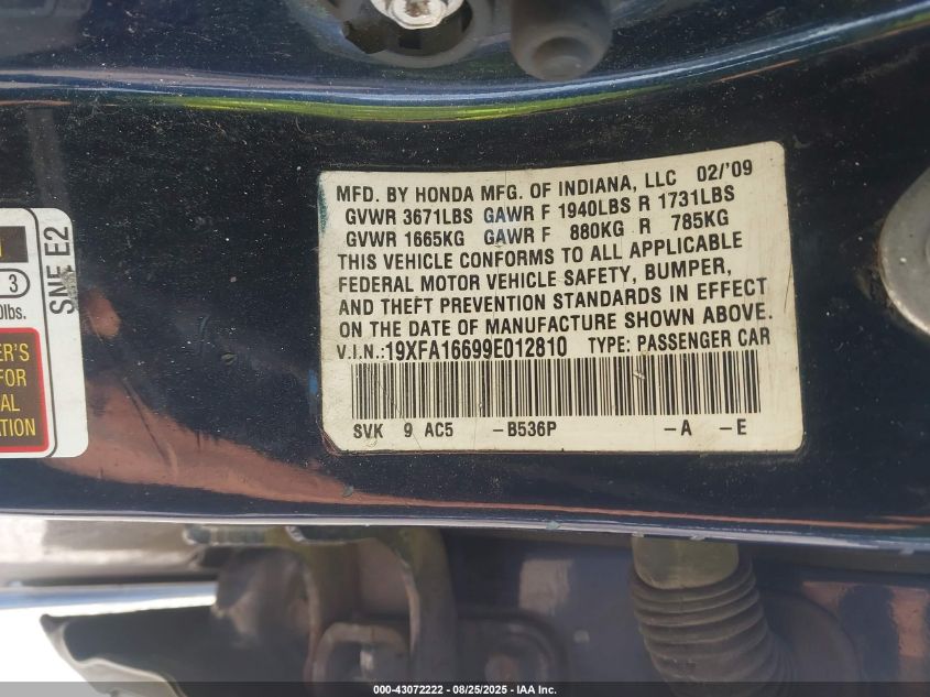2009 Honda Civic Lx-S VIN: 19XFA16699E012810 Lot: 43072222