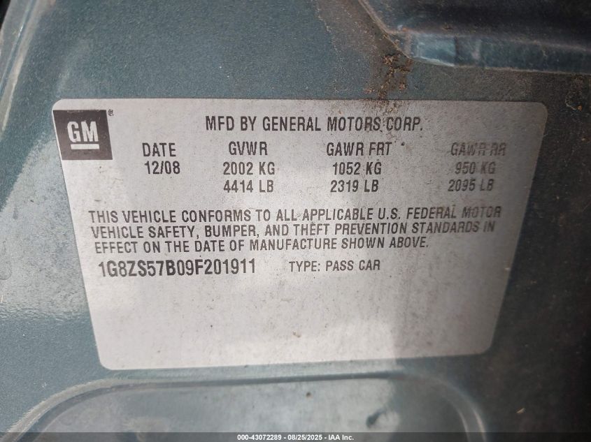 2009 Saturn Aura Xe VIN: 1G8ZS57B09F201911 Lot: 43072289