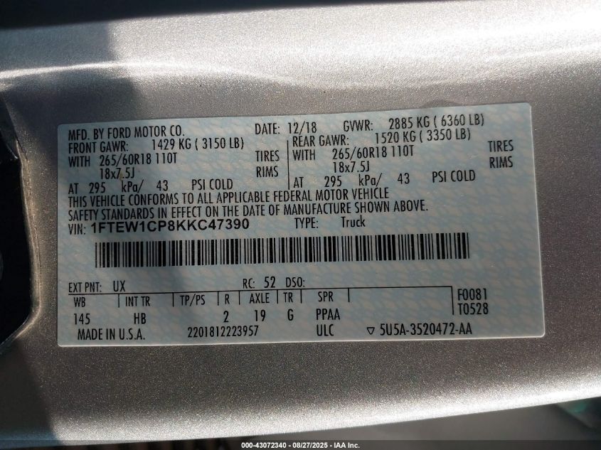 2019 Ford F-150 Lariat VIN: 1FTEW1CP8KKC47390 Lot: 43072340