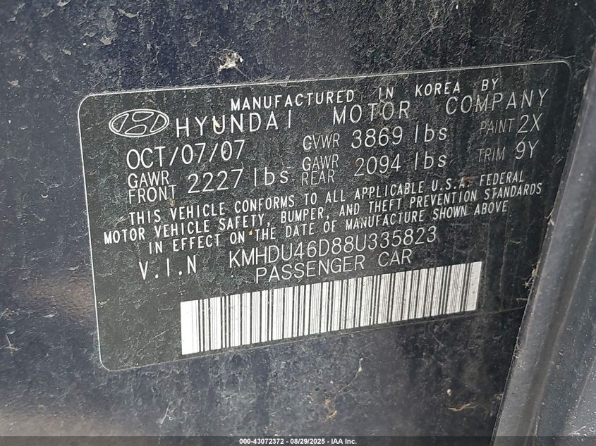 2008 Hyundai Elantra Gls/Se/Limited VIN: KMHDU46D88U335823 Lot: 43072372