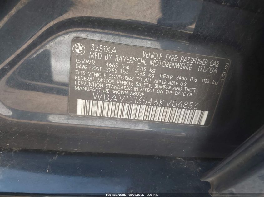 2006 BMW 325Xi VIN: WBAVD13546KV06853 Lot: 43072385