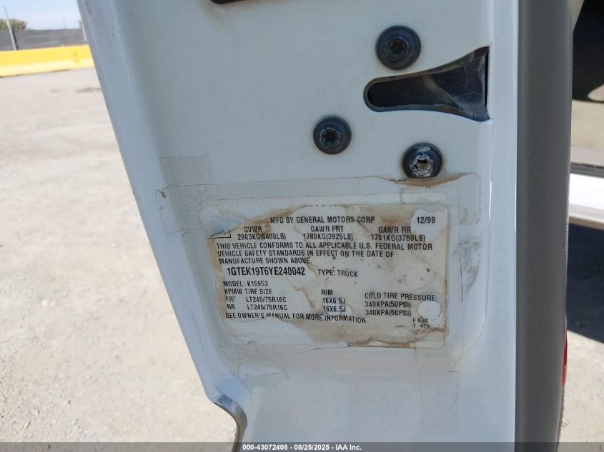 2000 GMC Sierra 1500 Sle VIN: 1GTEK19T6YE240042 Lot: 43072408