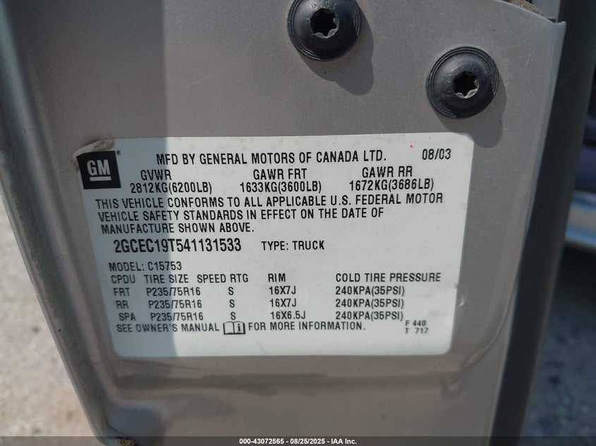 2004 Chevrolet Silverado 1500 Ls VIN: 2GCEC19T541131533 Lot: 43072565