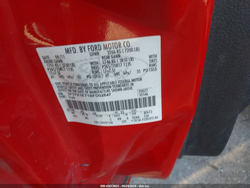 2011 Ford F-150 Xlt VIN: 1FTFX1ET1BFD02847 Lot: 43072623