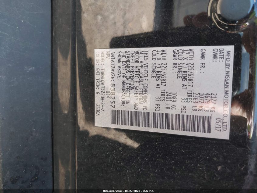 2017 Nissan Rogue Sv VIN: 5N1AT2MV2HC838257 Lot: 43072640