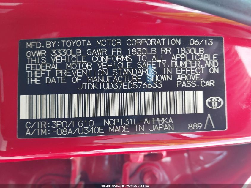 2014 Toyota Yaris Le (Tmc/Cbu Plant) VIN: JTDKTUD37ED576633 Lot: 43072764