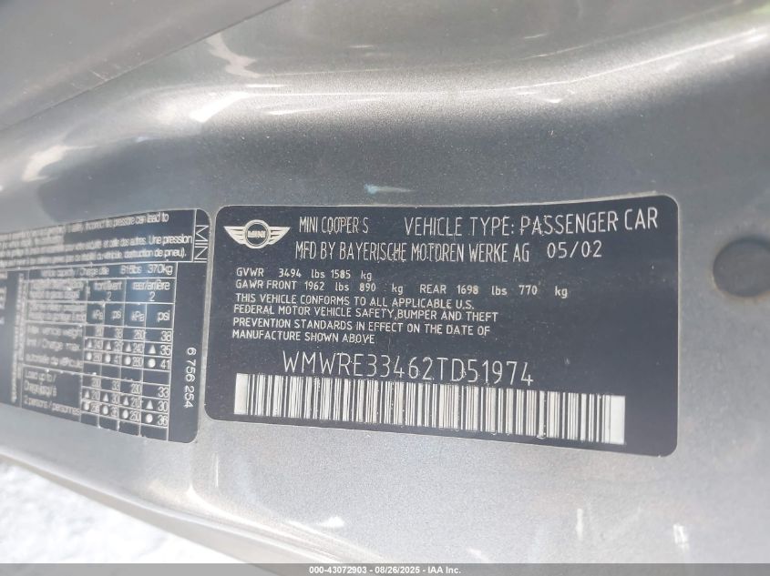 2002 Mini Cooper S VIN: WMWRE33462TD51974 Lot: 43072903
