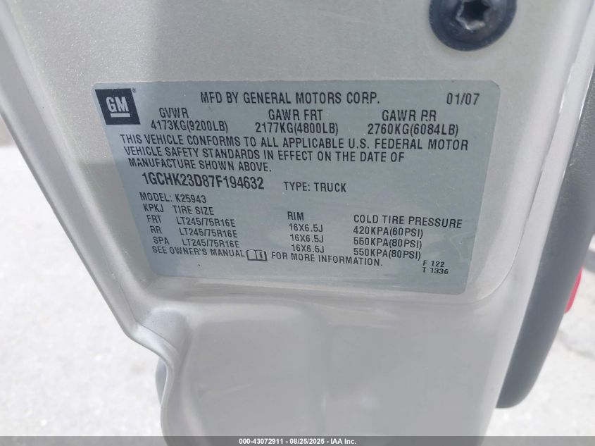 2007 Chevrolet Silverado 2500Hd Classic Lt1 VIN: 1GCHK23D87F194632 Lot: 43072911