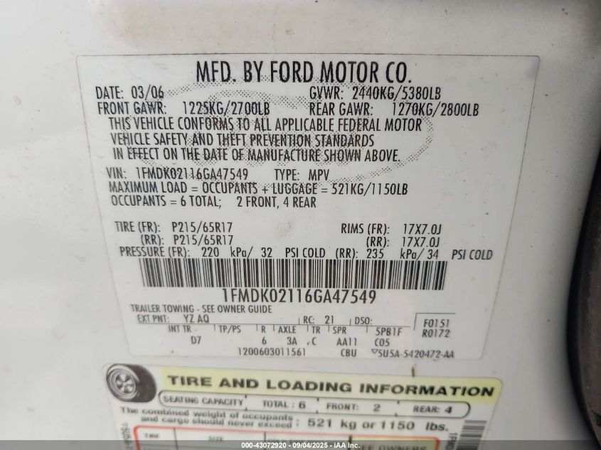 2006 Ford Freestyle Sel VIN: 1FMDK02116GA47549 Lot: 43072920