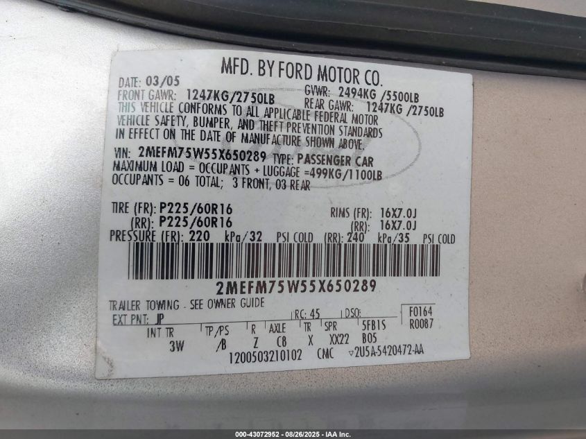 2005 Mercury Grand Marquis Ls/Lse VIN: 2MEFM75W55X650289 Lot: 43072952