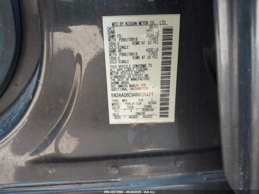 2004 Infiniti Qx56 VIN: 5N3AA08C94N804471 Lot: 43072963