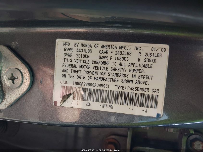 2009 Honda Accord 2.4 Ex-L VIN: 1HGCP26869A095951 Lot: 43073011