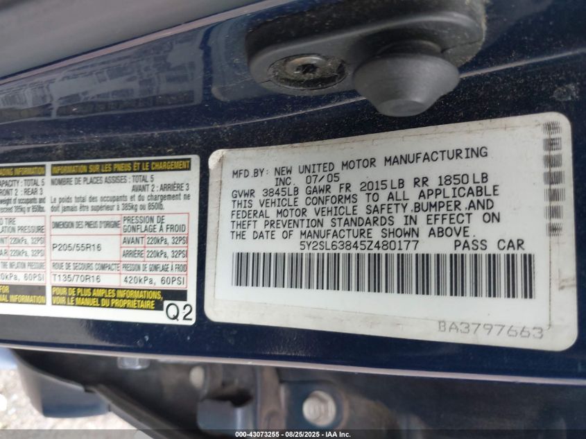 2005 Pontiac Vibe VIN: 5Y2SL63845Z480177 Lot: 43073255