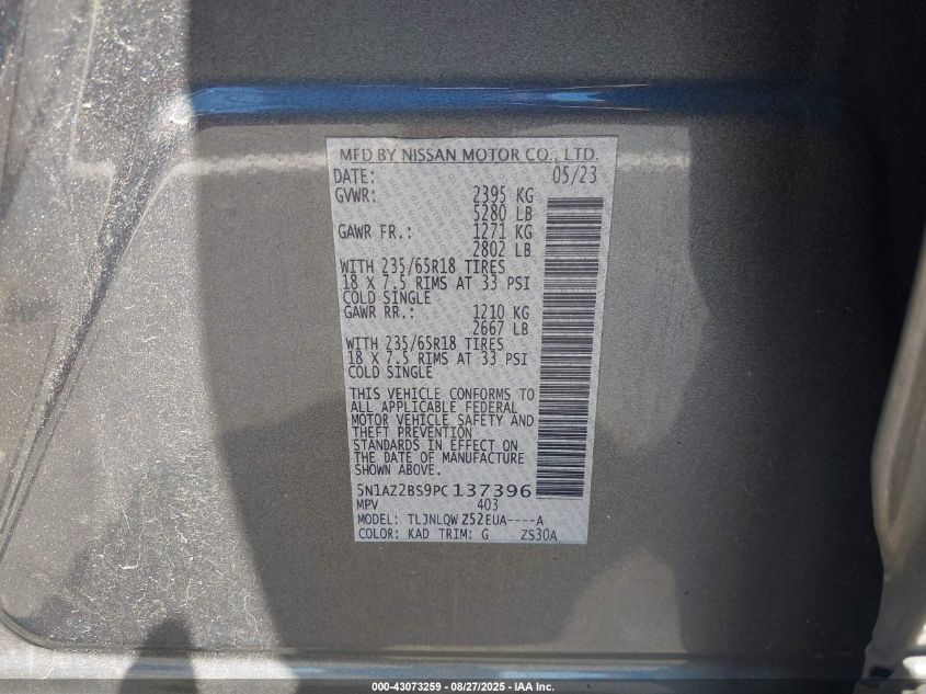 2023 Nissan Murano Sv Intelligent Awd VIN: 5N1AZ2BS9PC137396 Lot: 43073259