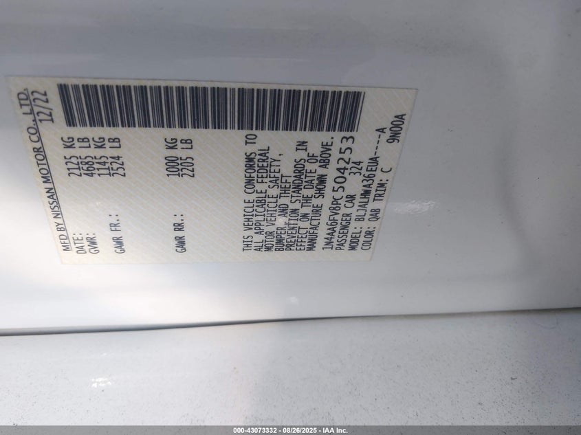 2023 Nissan Maxima Platinum Xtronic Cvt VIN: 1N4AA6FV8PC504253 Lot: 43073332