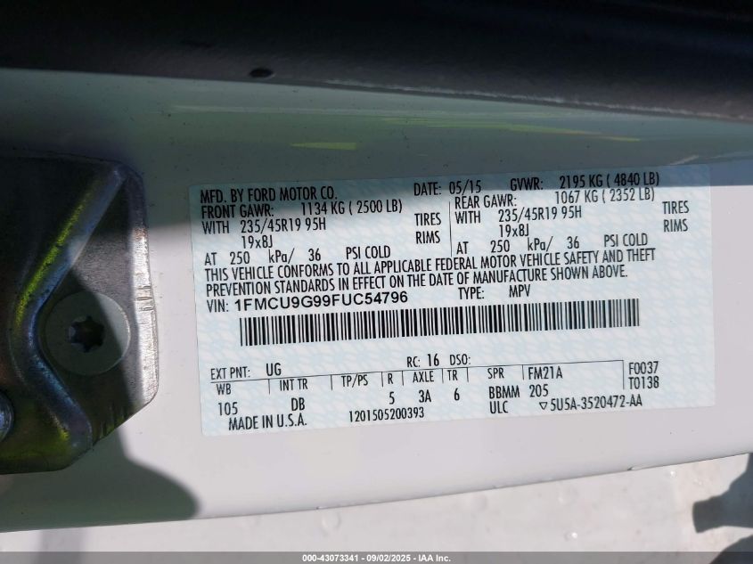 2015 Ford Escape Se VIN: 1FMCU9G99FUC54796 Lot: 43073341