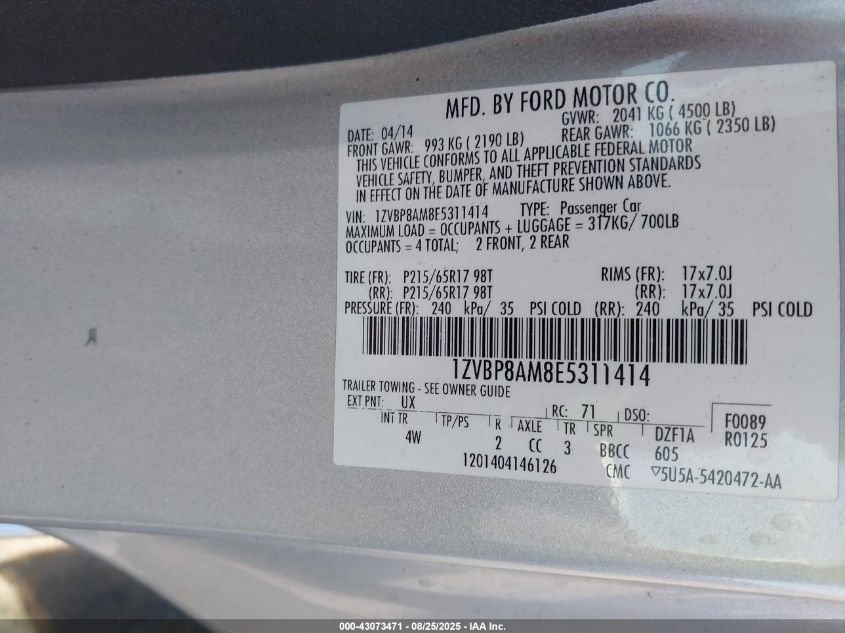 2014 Ford Mustang V6 Premium VIN: 1ZVBP8AM8E5311414 Lot: 43073471