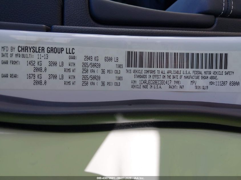 2014 Jeep Grand Cherokee Overland VIN: 1C4RJECG9EC331417 Lot: 43073501