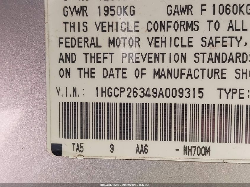 2009 Honda Accord 2.4 Lx VIN: 1HGCP26349A009315 Lot: 43073590