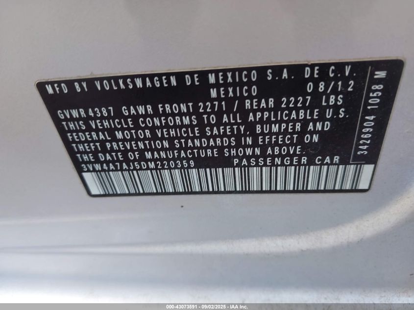 2013 Volkswagen Jetta Gli Autobahn W/Nav VIN: 3VW4A7AJ5DM220359 Lot: 43073591