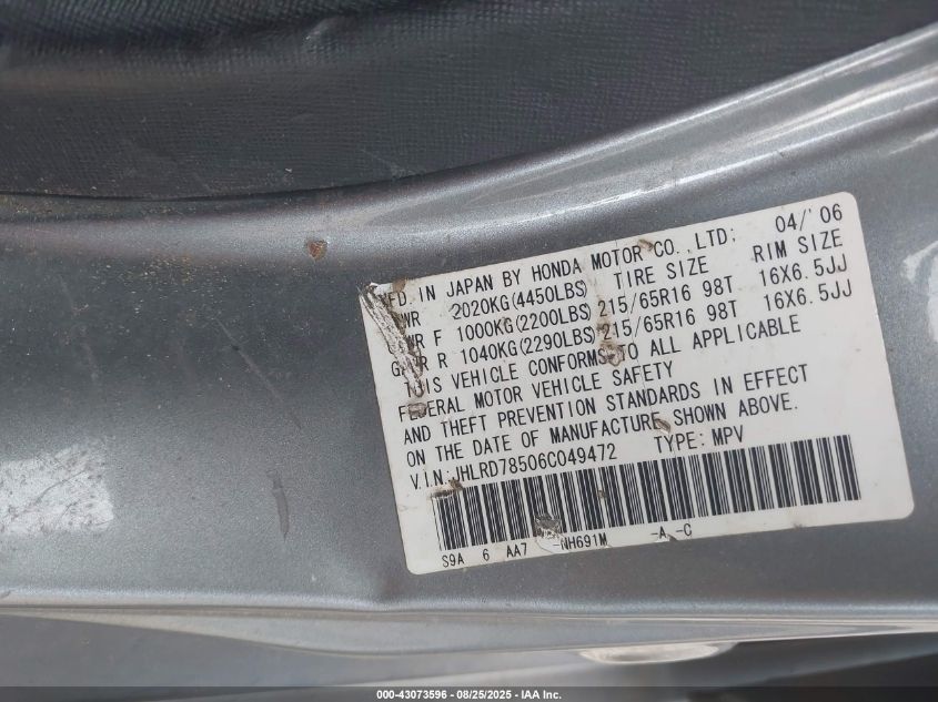 2006 Honda Cr-V Lx VIN: JHLRD78506C049472 Lot: 43073596