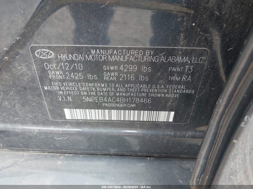 5NPEB4AC4BH178466 2011 HYUNDAI SONATA photo no. 9