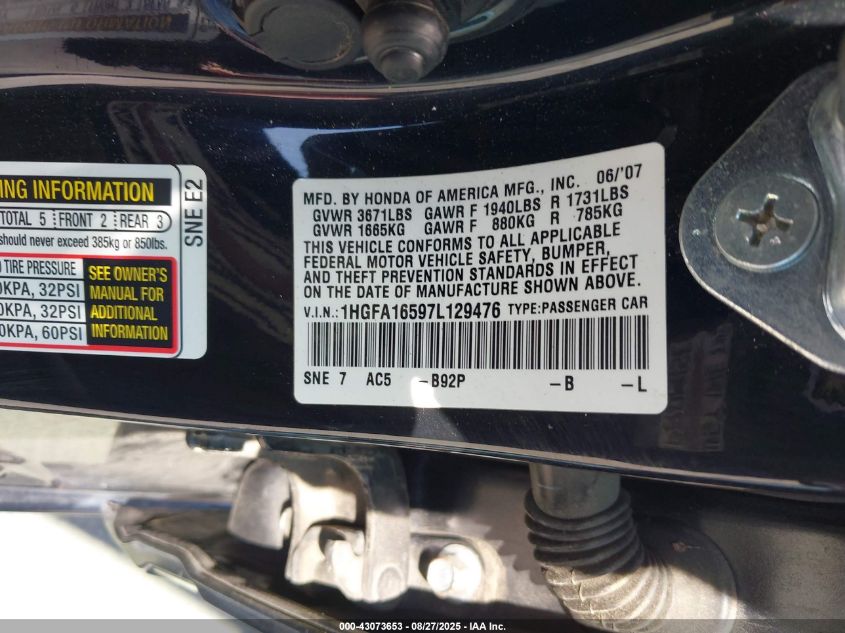 2007 Honda Civic Lx VIN: 1HGFA16597L129476 Lot: 43073653