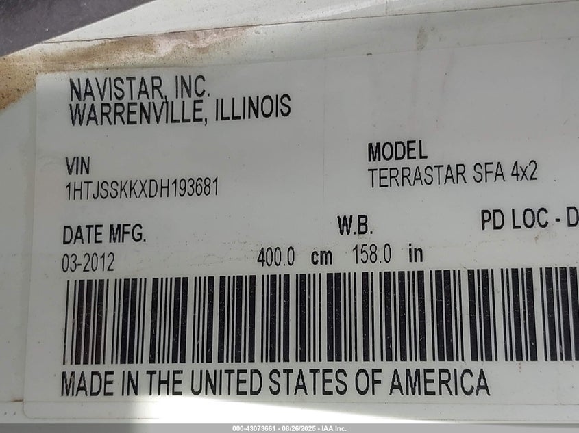 2013 International Terrastar VIN: 1HTJSSKKXDH193681 Lot: 43073661