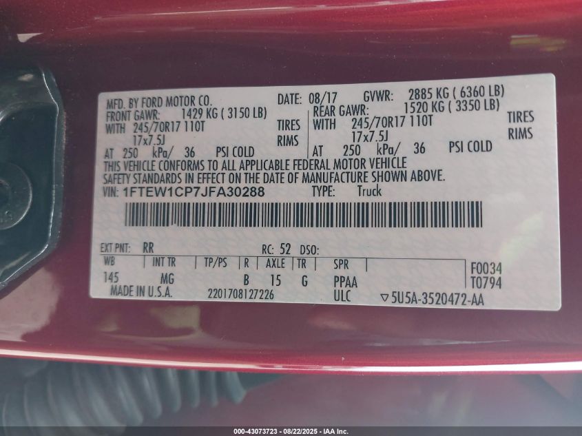 2018 Ford F-150 Xlt VIN: 1FTEW1CP7JFA30288 Lot: 43073723