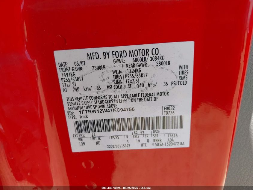2007 Ford F-150 Xlt VIN: 1FTRW12W47KC94756 Lot: 43073825