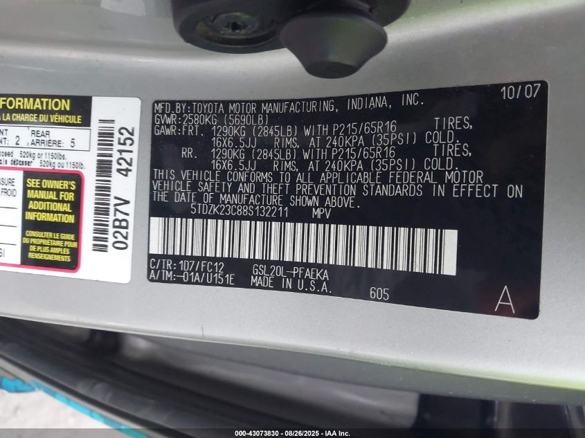 2008 Toyota Sienna Le VIN: 5TDZK23C88S132211 Lot: 43073830