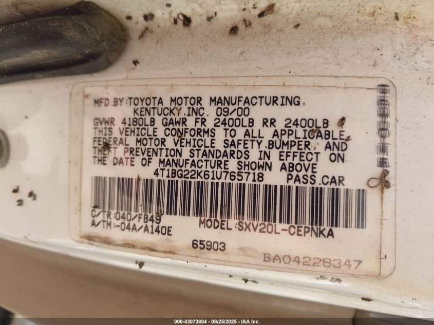 2001 Toyota Camry Le VIN: 4T1BG22K61U765718 Lot: 43073884