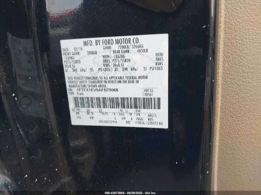 2010 Ford F-150 Fx4/Lariat/Xl/Xlt VIN: 1FTFX1EV9AFB75068 Lot: 43073904