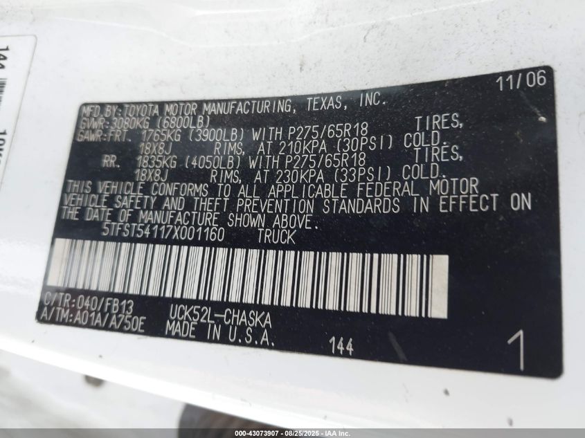 2007 Toyota Tundra Sr5 4.7L V8 VIN: 5TFST54117X001160 Lot: 43073907