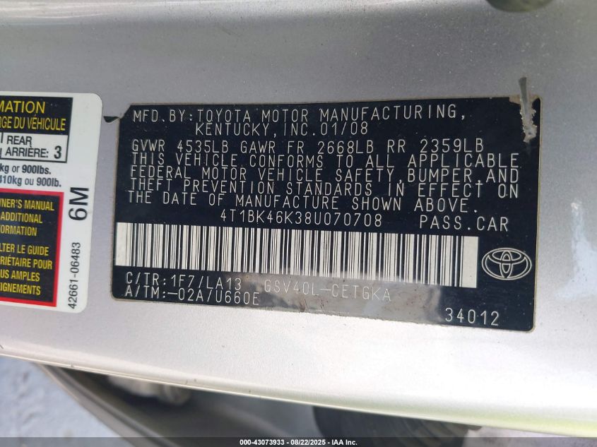 2008 Toyota Camry Xle V6 VIN: 4T1BK46K38U070708 Lot: 43073933