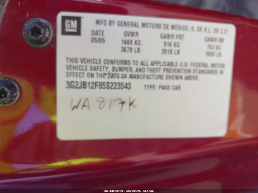 2005 Pontiac Sunfire VIN: 3G2JB12F85S223543 Lot: 43073999