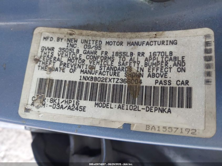 1996 Toyota Corolla Dx VIN: 1NXBB02EXTZ366004 Lot: 43074007